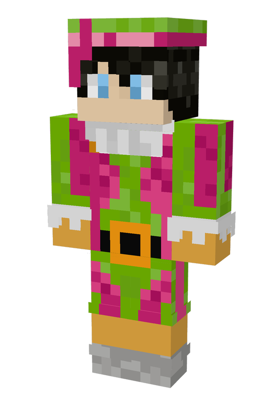 Een Minecraft Piet skin: een Piet in een groen pak met roze, een witte kraag en een gouden maillot.